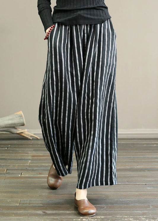 Black Striped Linen Wide Leg Pants Elastic Waist Oversized Summer Ly1488