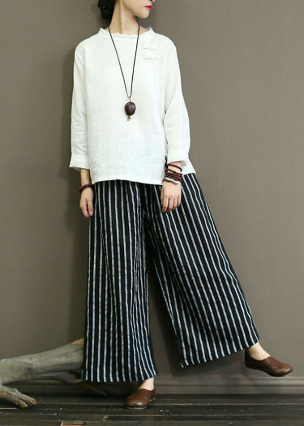 Black Striped Linen Wide Leg Pants Elastic Waist Oversized Summer Ly1488