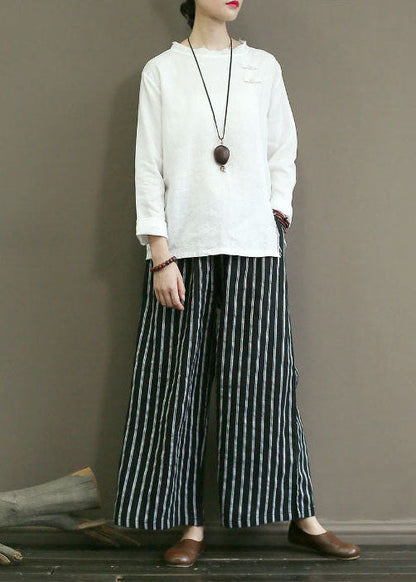 Black Striped Linen Wide Leg Pants Elastic Waist Oversized Summer Ly1488