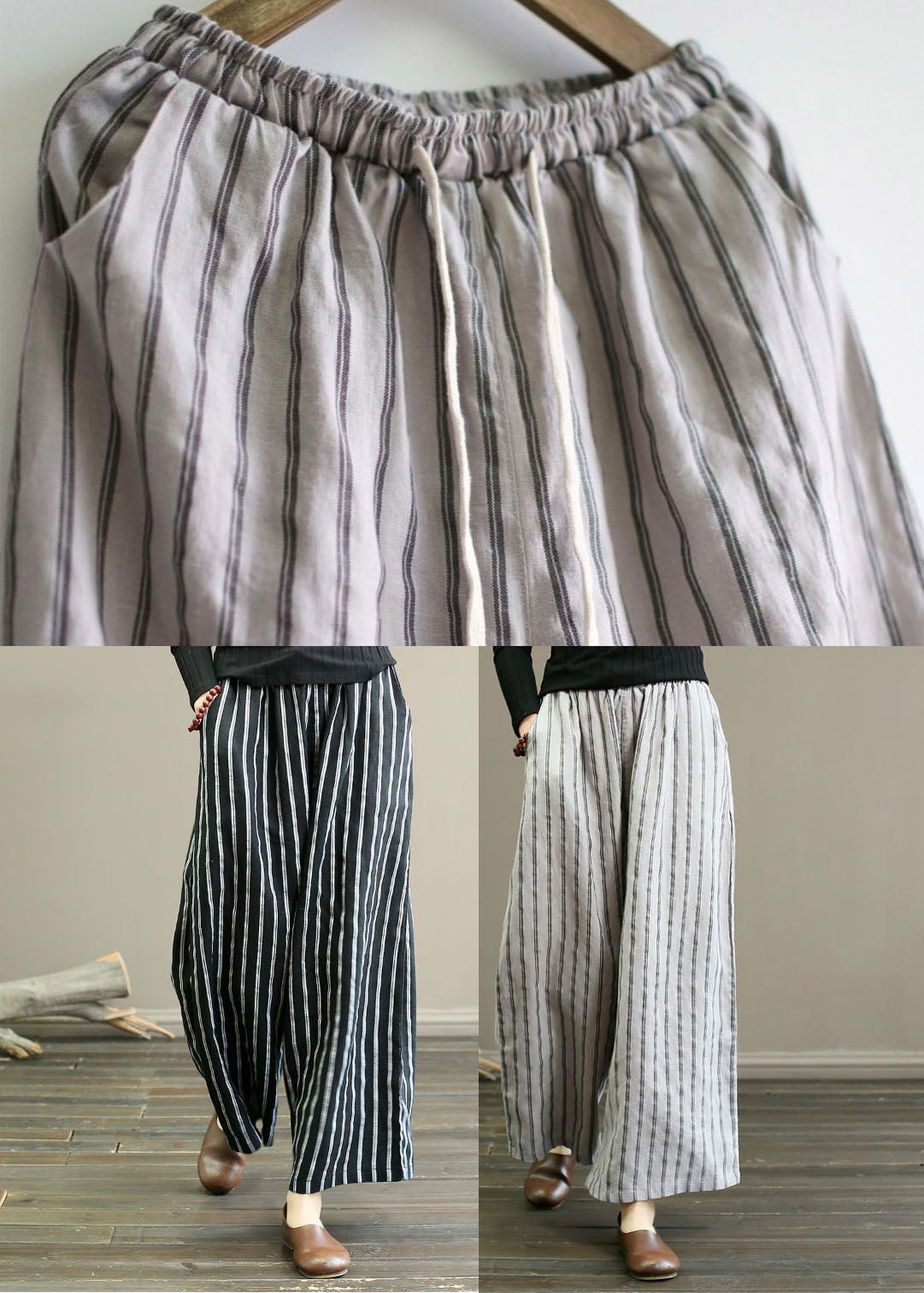 Unique Light Grey Elastic Waist Oversized Striped Linen Pants Trousers Summer Ly1502