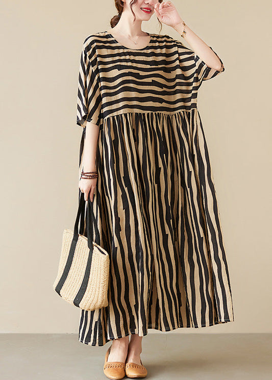 Black Striped Patchwork Wrinkled Maxi Dresses Summer Tq1002