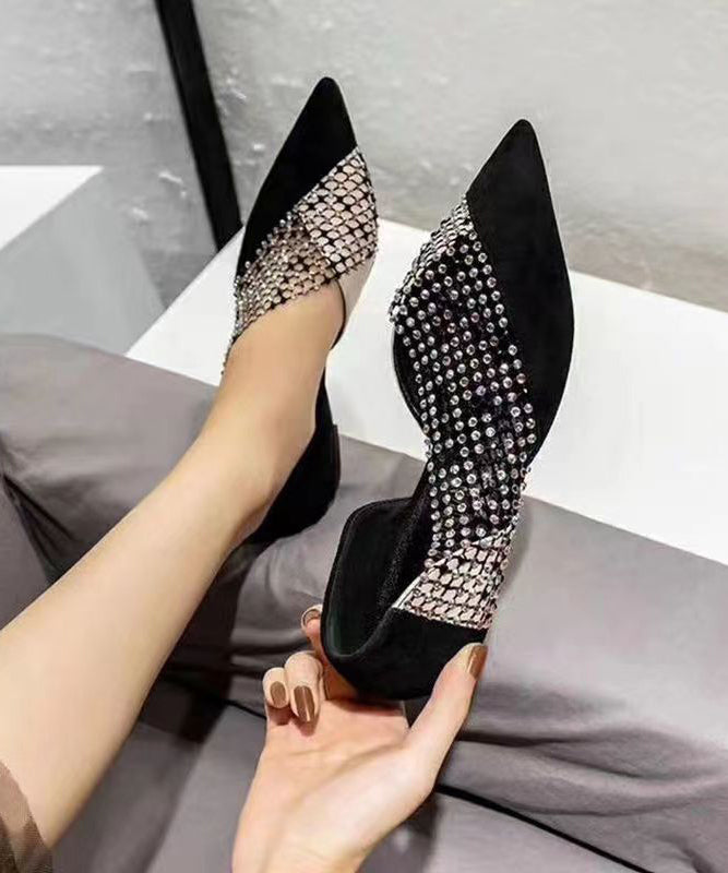 Black Suede Flat Feet Shoes Splicing Tulle Zircon Ap1050