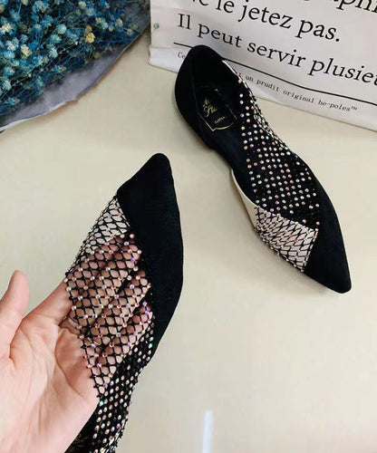 Black Suede Flat Feet Shoes Splicing Tulle Zircon Ap1050