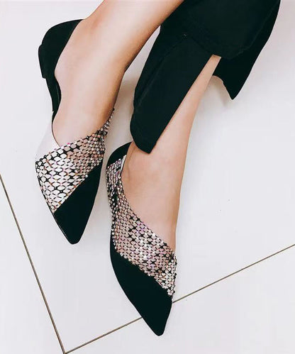 Black Suede Flat Feet Shoes Splicing Tulle Zircon Ap1050