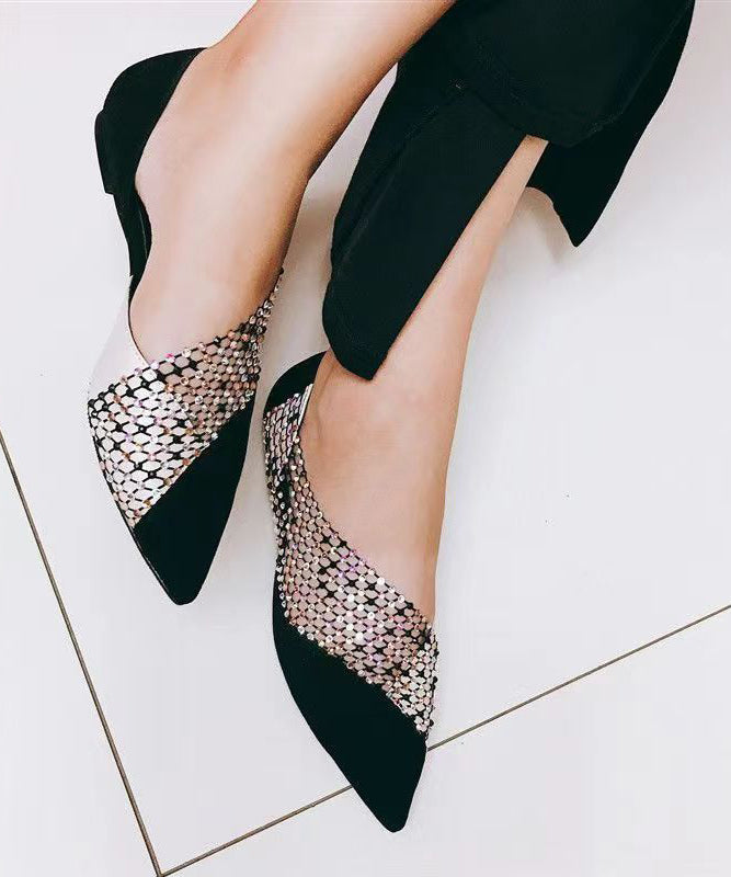 Black Suede Flat Feet Shoes Splicing Tulle Zircon Ap1050