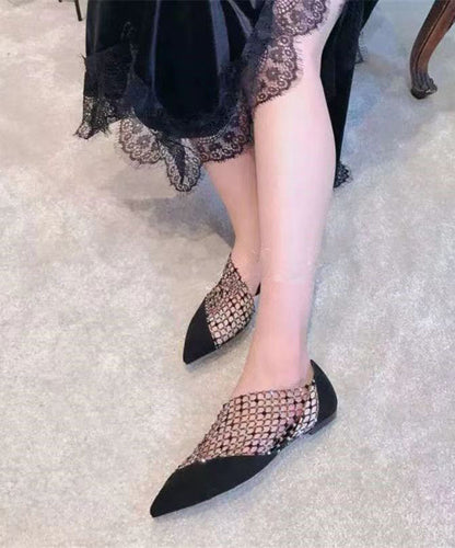 Black Suede Flat Feet Shoes Splicing Tulle Zircon Ap1050