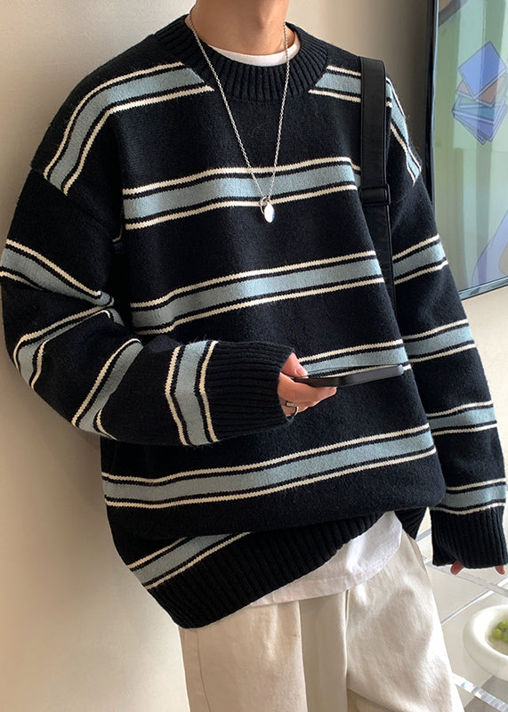 Black Thick Loose Knit Winter Sweaters O Neck Qf040