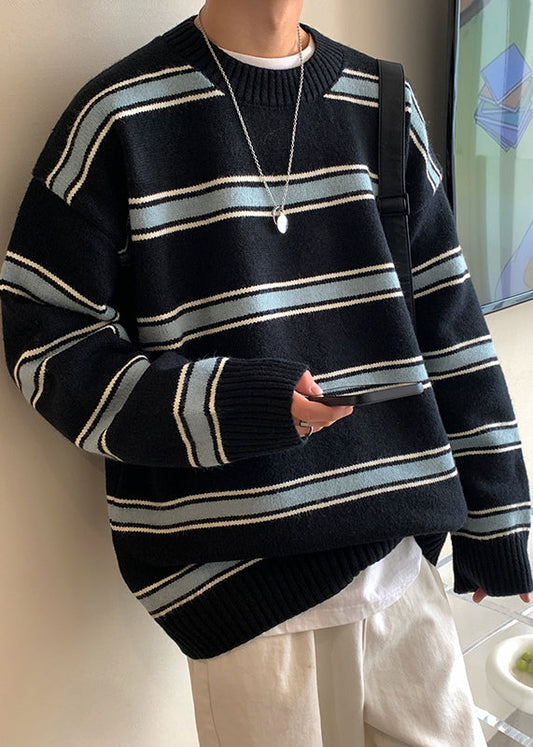 Black Thick Loose Knit Winter Sweaters O Neck Qf040