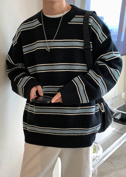Black Thick Loose Knit Winter Sweaters O Neck Qf040