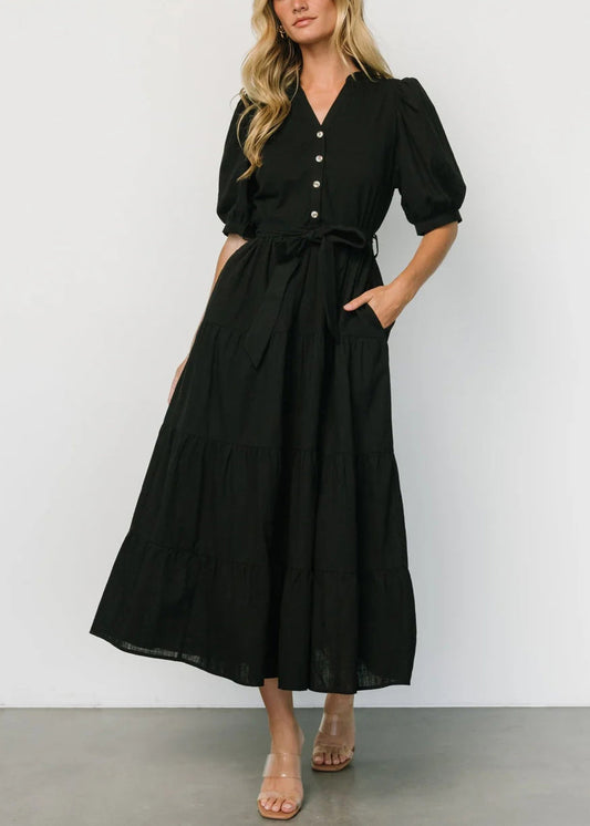 Black Tie Waist Cotton Long Dresses V Neck Short Sleeve Au1004