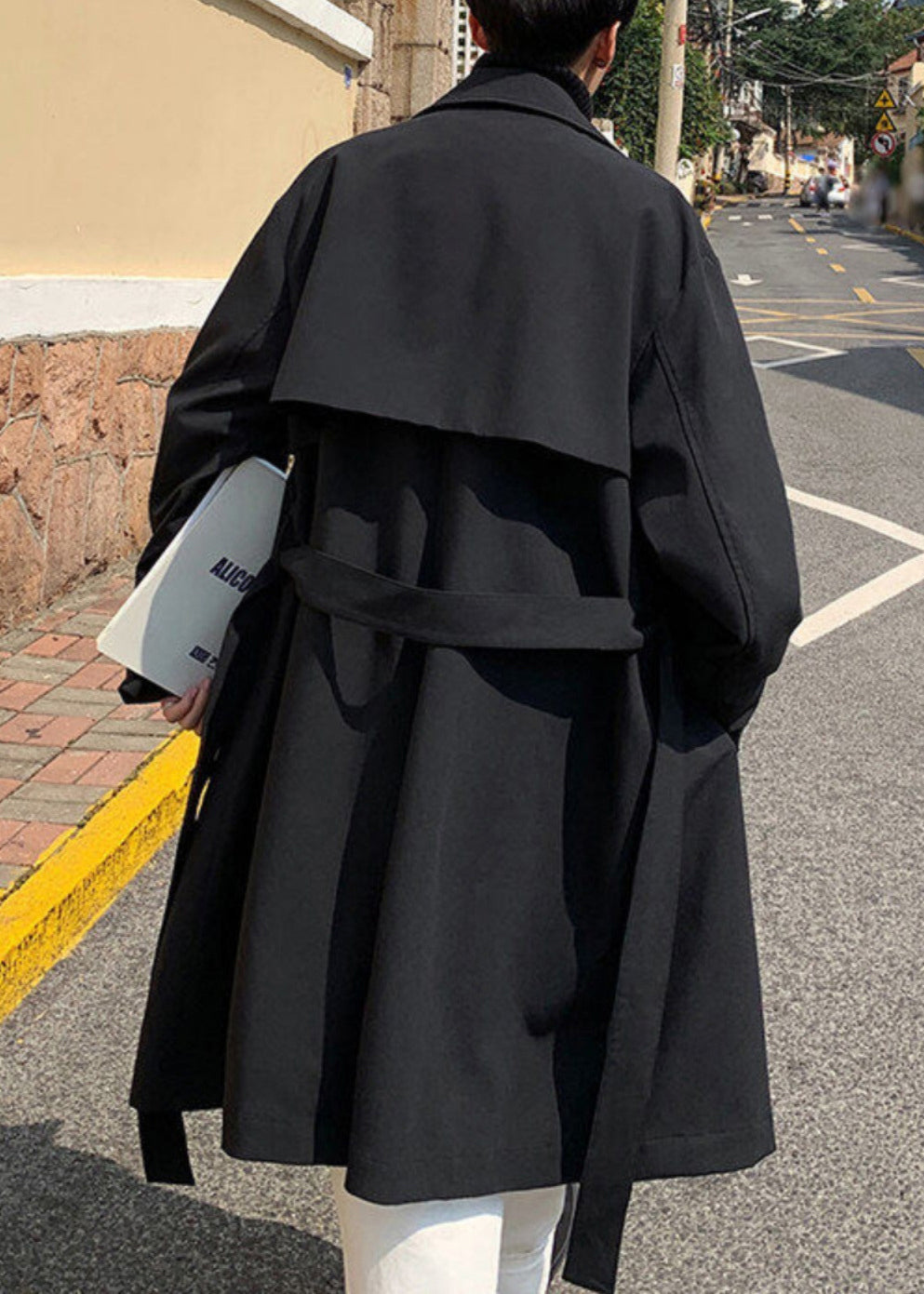 Black Tie Waist Cotton Trench Coat Notched Spring Yq019