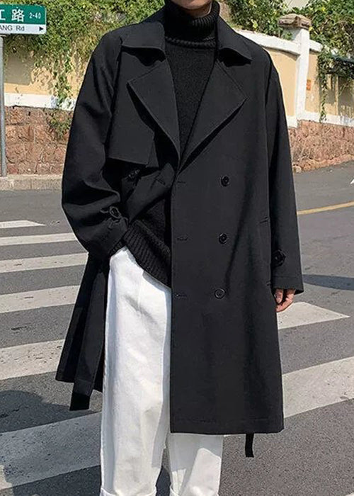 Black Tie Waist Cotton Trench Coat Notched Spring Yq019