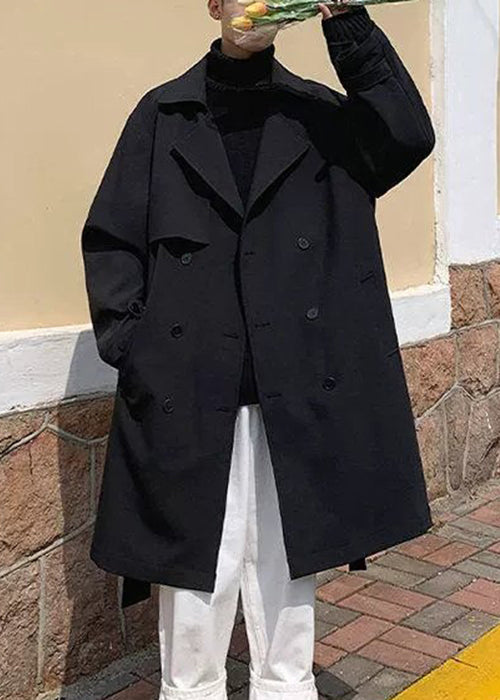 Black Tie Waist Cotton Trench Coat Notched Spring Yq019