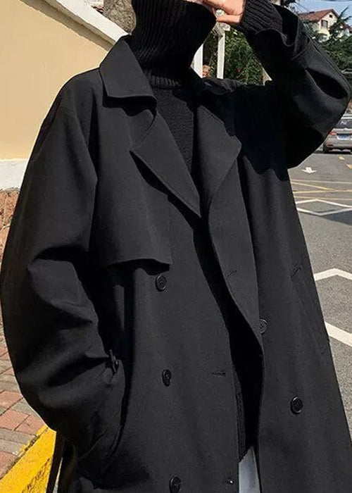 Black Tie Waist Cotton Trench Coat Notched Spring Yq019