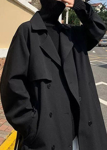 Black Tie Waist Cotton Trench Coat Notched Spring Yq019