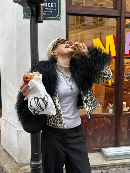 Black White Leopard Faux Long Single Breasted High Street Short Coat