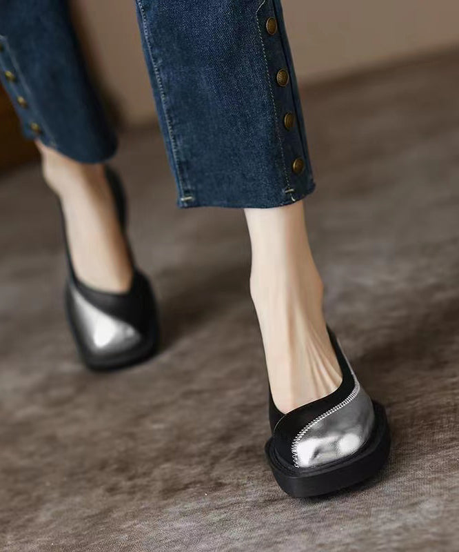 Black Comfy Splicing Chunky Cowhide Leather Loafer Shoes Ah716