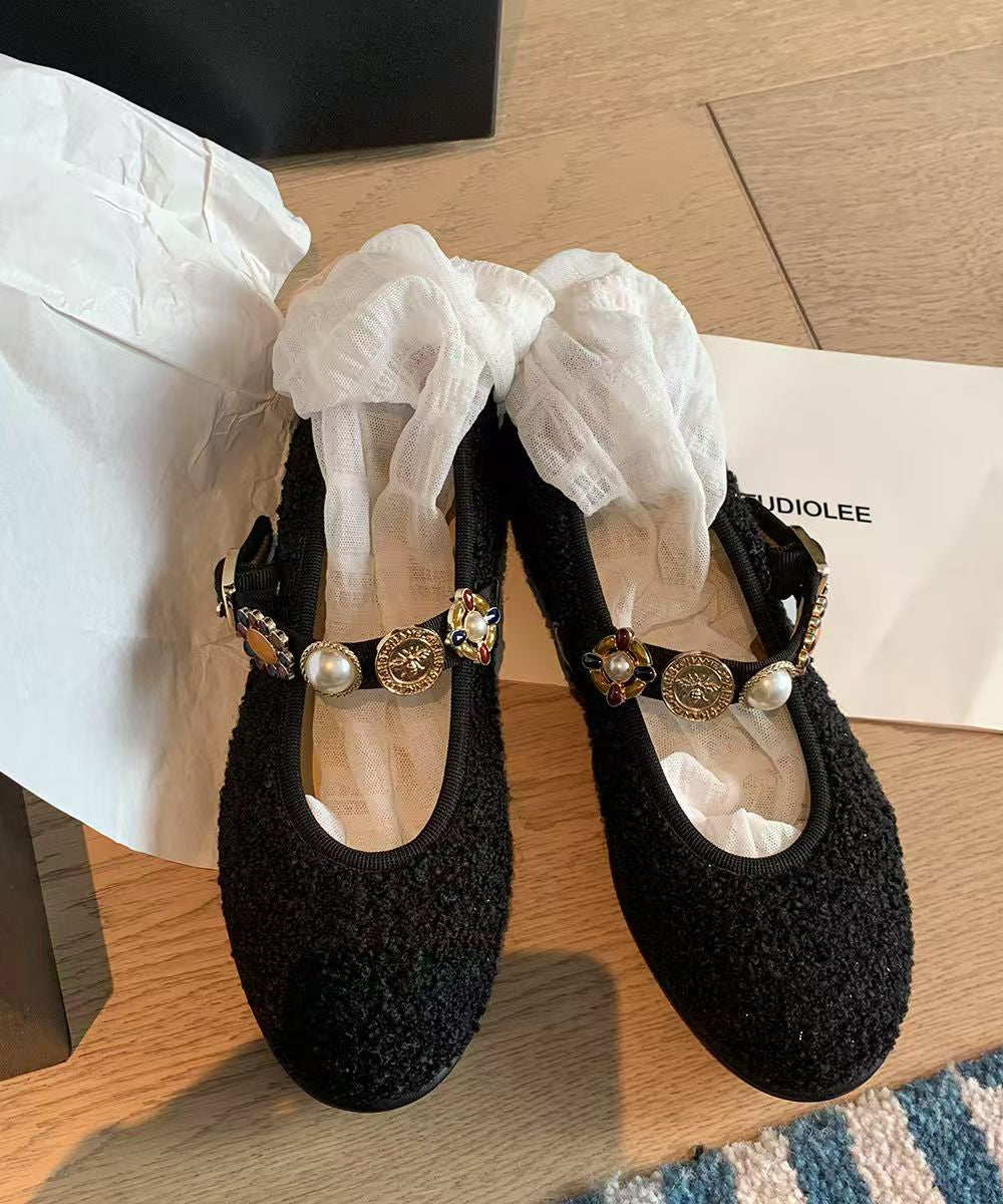 Buckle Black Strap Splicing Flat Woolen Shoes