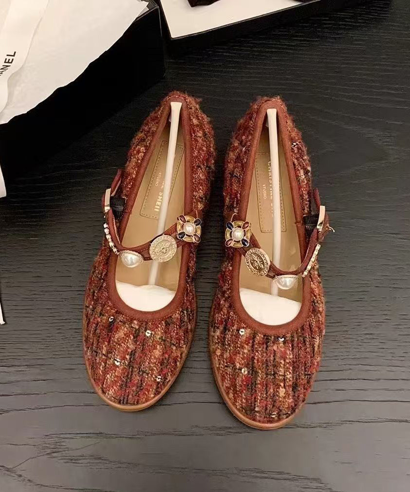 Buckle Black Strap Splicing Flat Woolen Shoes