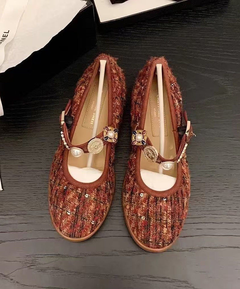 Buckle Black Strap Splicing Flat Woolen Shoes