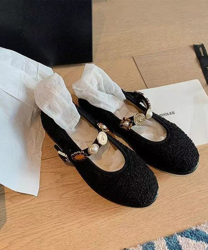 Buckle Black Strap Splicing Flat Woolen Shoes
