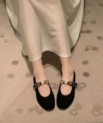 Buckle Black Strap Splicing Flat Woolen Shoes