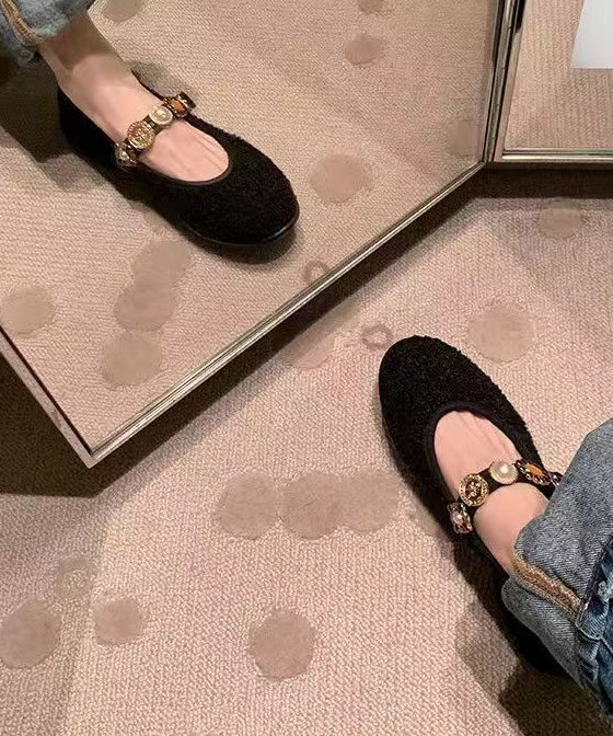Buckle Black Strap Splicing Flat Woolen Shoes