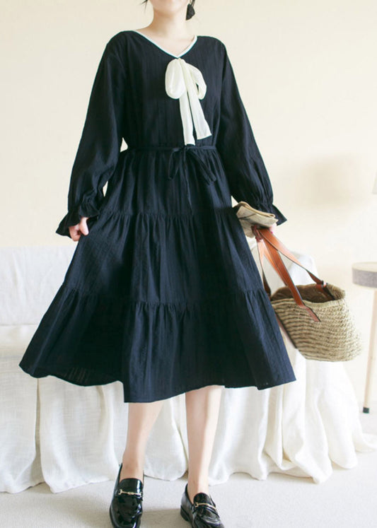 Black Wrinkled Cotton Long Dress Long Sleeve Ti1010