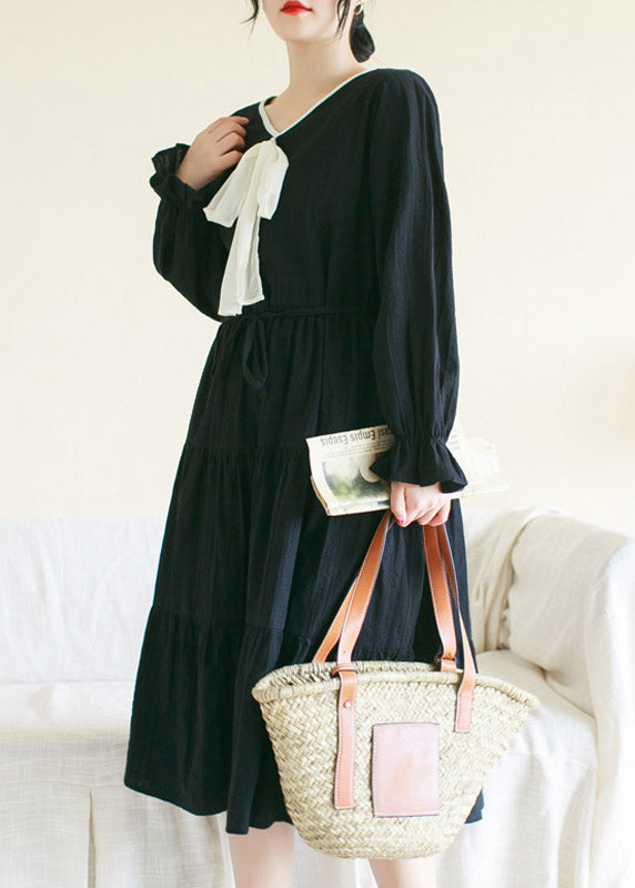 Black Wrinkled Cotton Long Dress Long Sleeve Ti1010