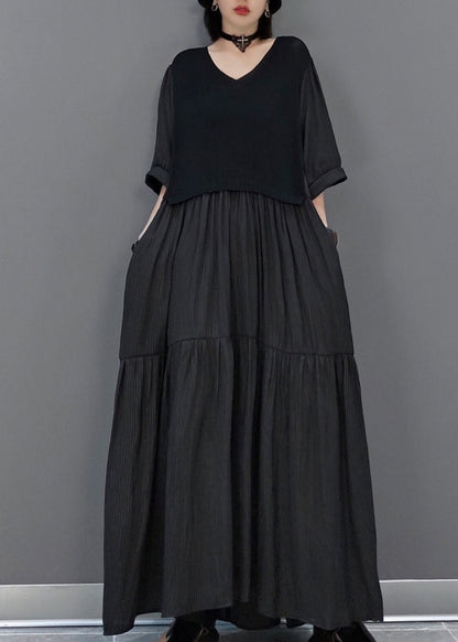 Black Wrinkled Vacation Long Dresses Half Sleeve Vb1003