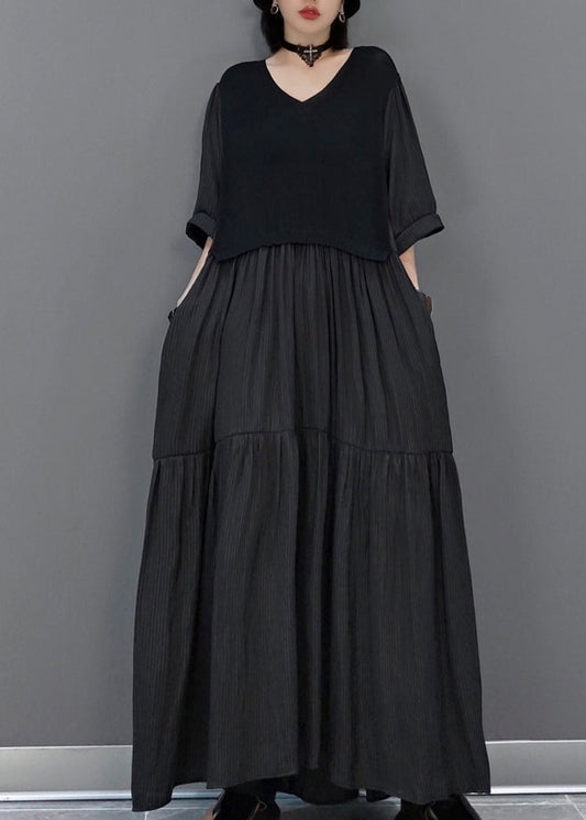 Black Wrinkled Vacation Long Dresses Half Sleeve Vb1003