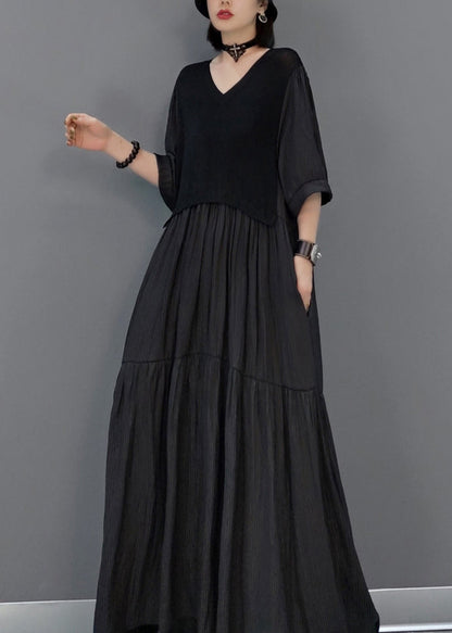 Black Wrinkled Vacation Long Dresses Half Sleeve Vb1003