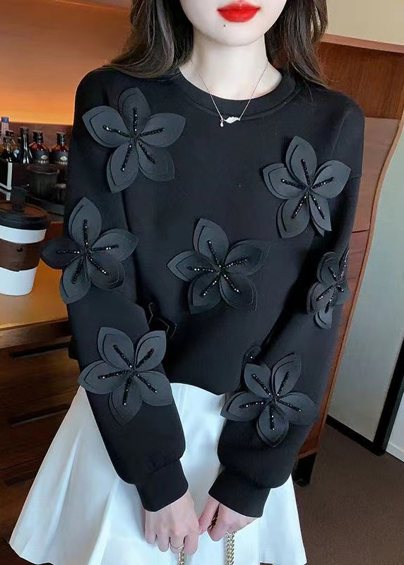 Black Zircon Patchwork Cotton Fall Sweatshirt O Neck Wm028