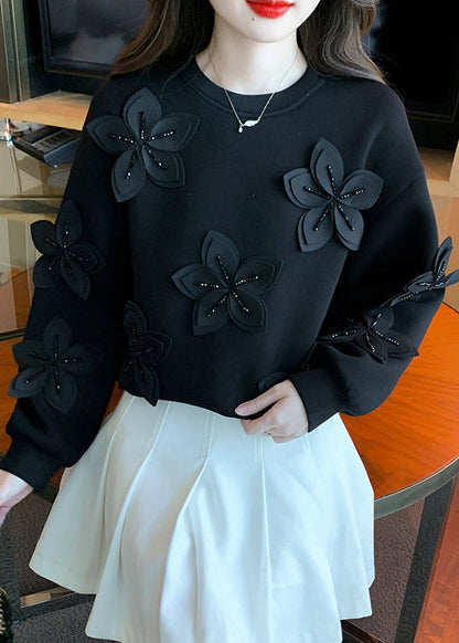 Black Zircon Patchwork Cotton Fall Sweatshirt O Neck Wm028