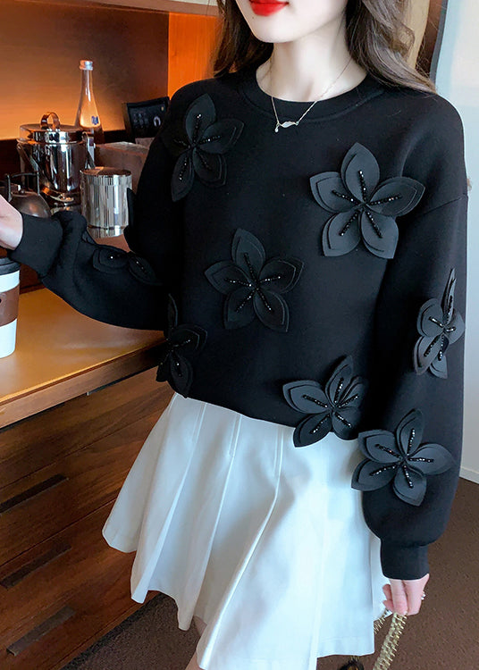 Black Zircon Patchwork Cotton Fall Sweatshirt O Neck Wm028