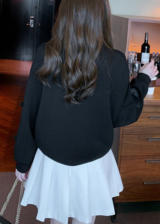 Black Zircon Patchwork Cotton Fall Sweatshirt O Neck Wm028