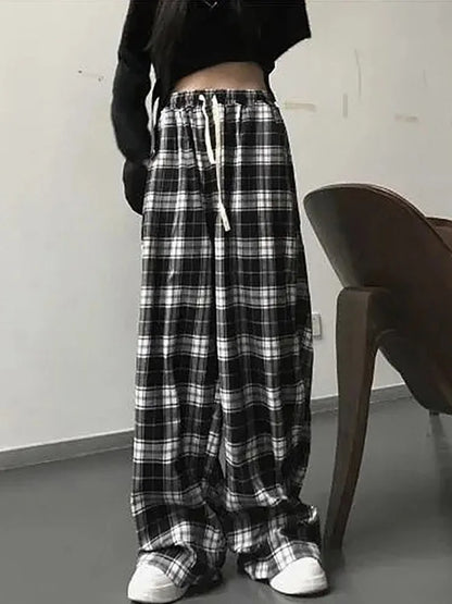 Black and White Plaid Pants New Loose Wide Leg Trousers Ins Retro Teen Straight Trousers Hiphop