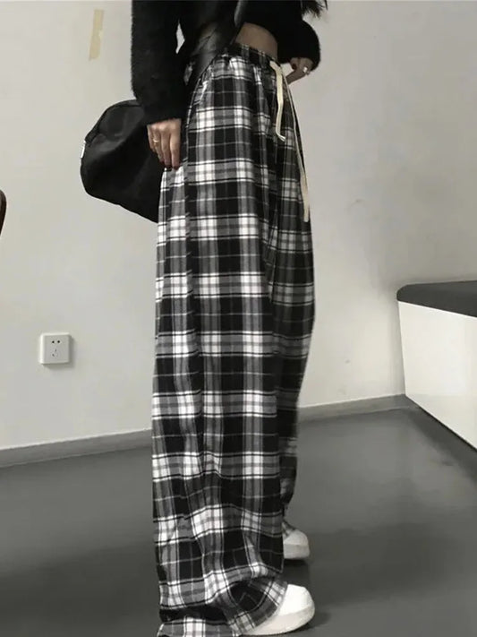 Black and White Plaid Pants New Loose Wide Leg Trousers Ins Retro Teen Straight Trousers Hiphop
