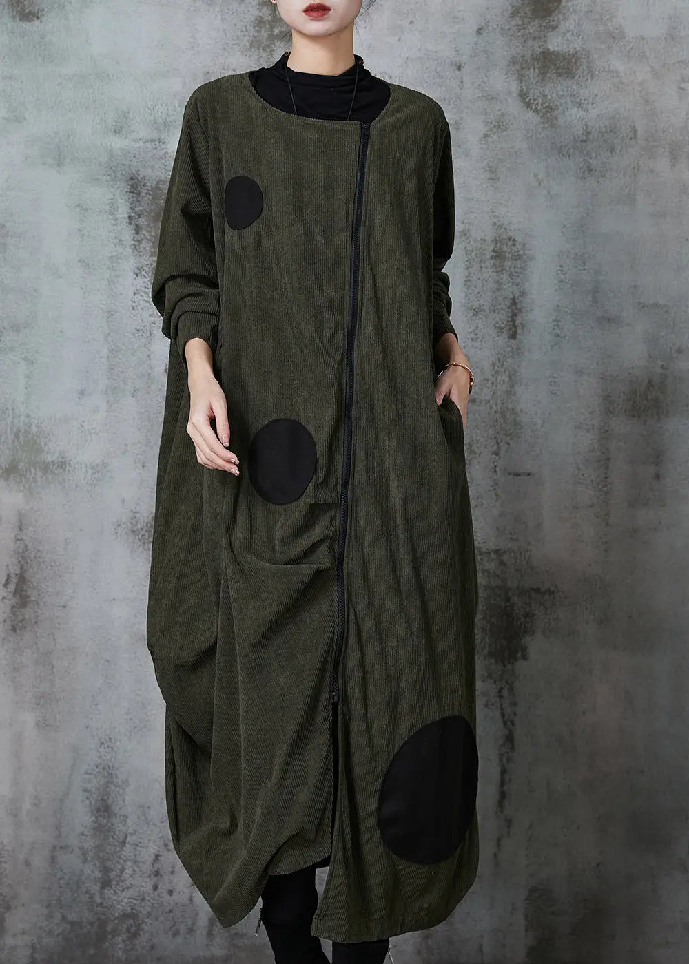 Blackish Green Dot Cotton Trench Coat Asymmetrical Spring Jk1051
