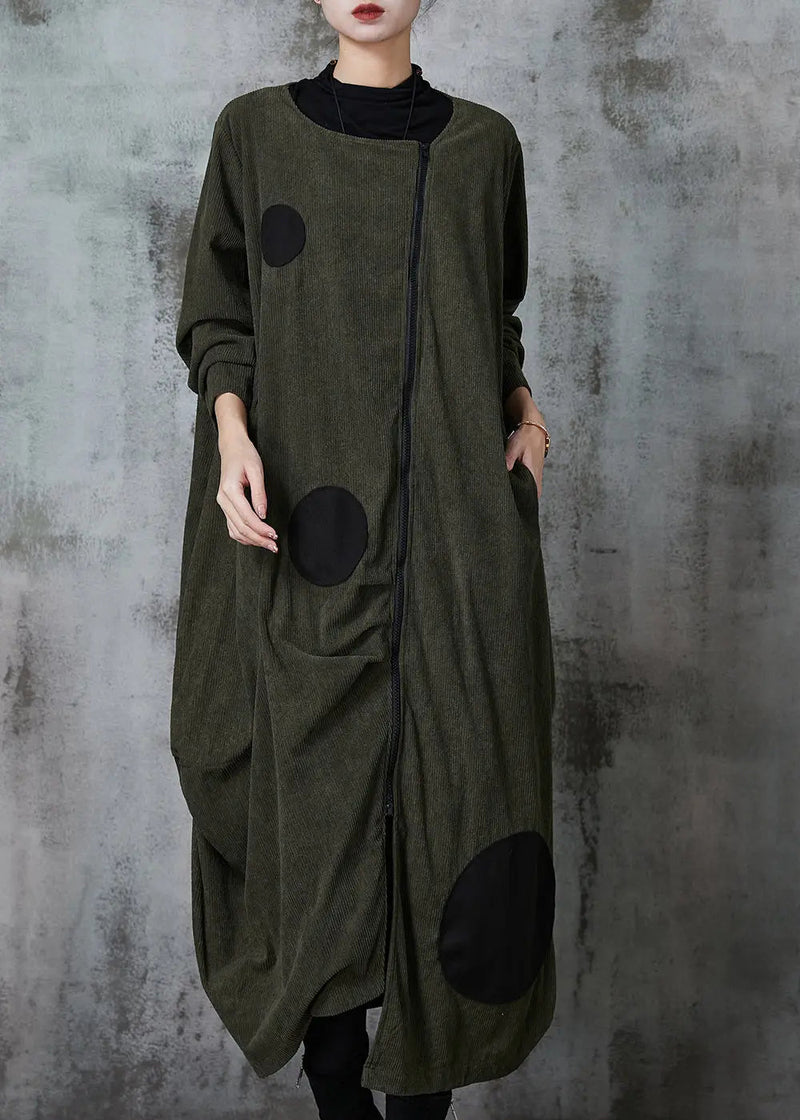 Blackish Green Dot Cotton Trench Coat Asymmetrical Spring Jk1051