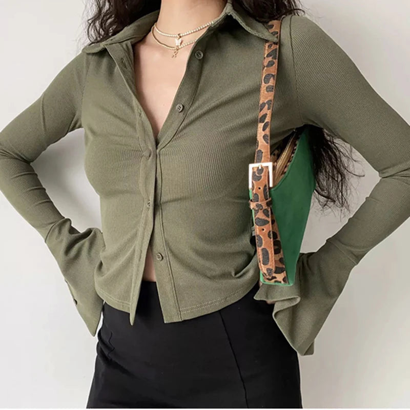 Polo Lapel Flared Sleeve Blouse