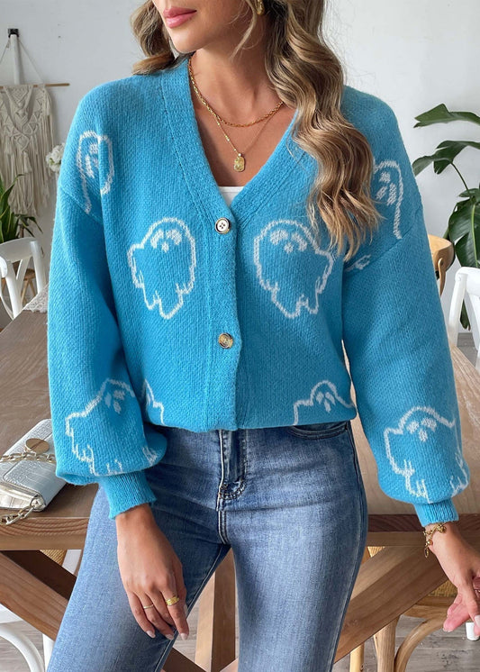 Blue Button Cozy Knit Coat V Neck Long Sleeve Ae1006