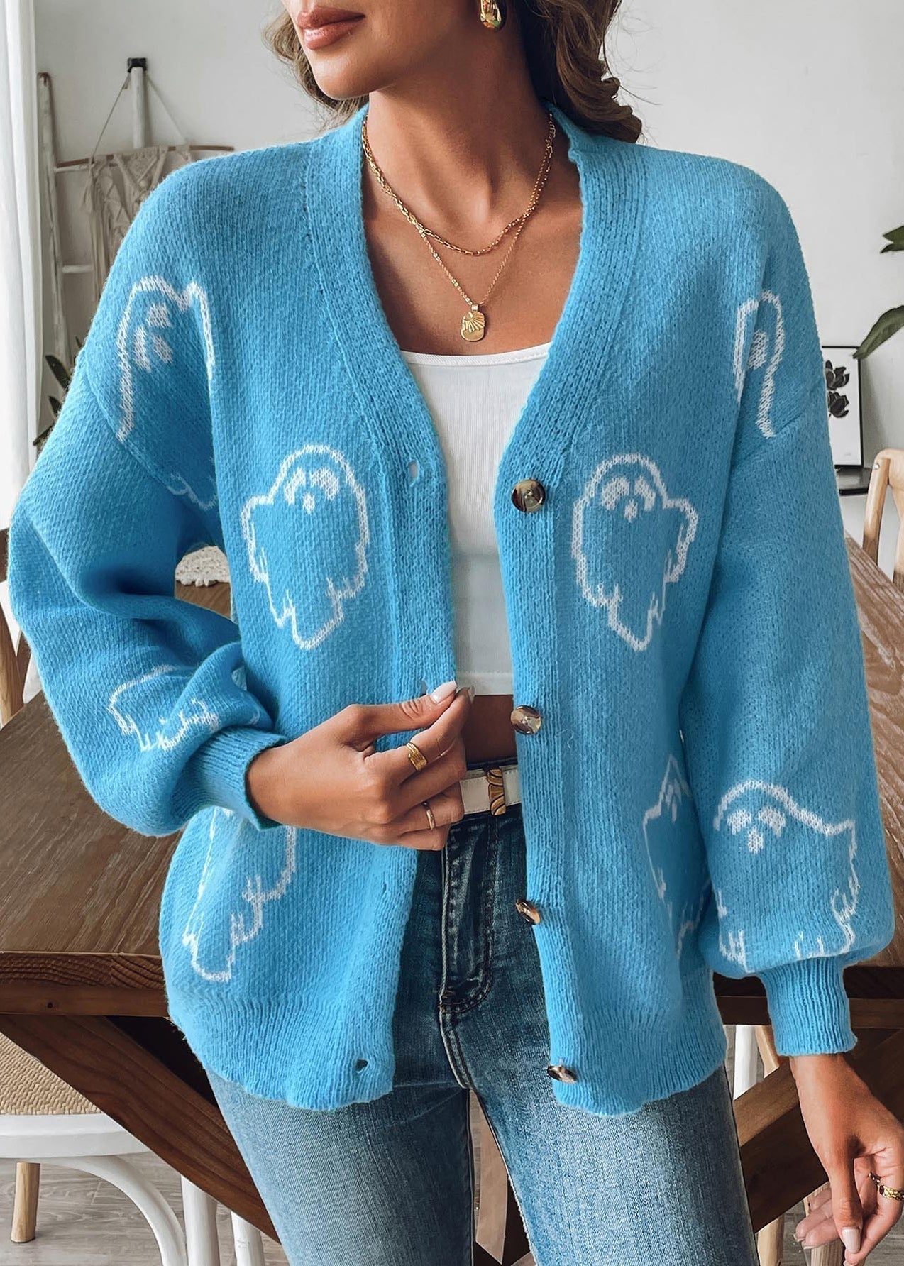Blue Button Cozy Knit Coat V Neck Long Sleeve Ae1006