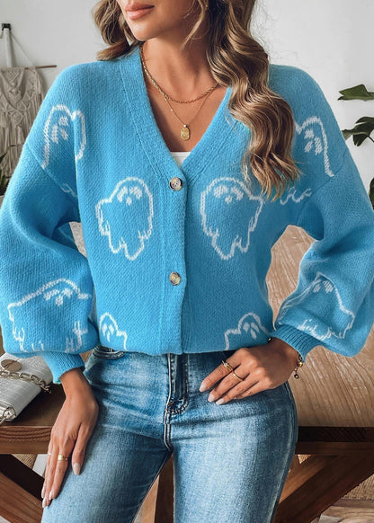 Blue Button Cozy Knit Coat V Neck Long Sleeve Ae1006