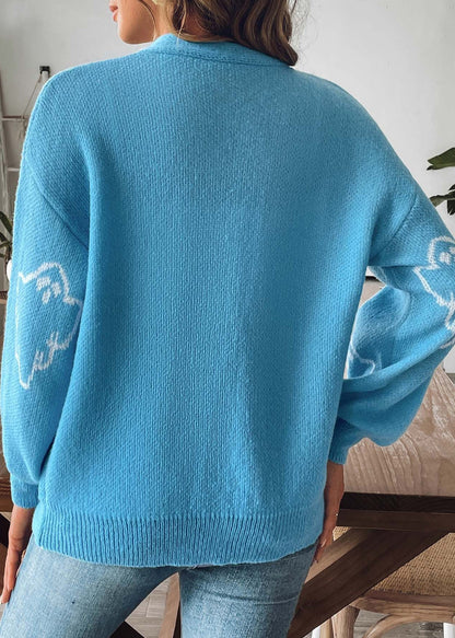 Blue Button Cozy Knit Coat V Neck Long Sleeve Ae1006
