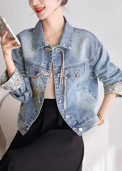 Blue Button Patchwork Denim Coats Peter Pan Collar Spring Cg1012