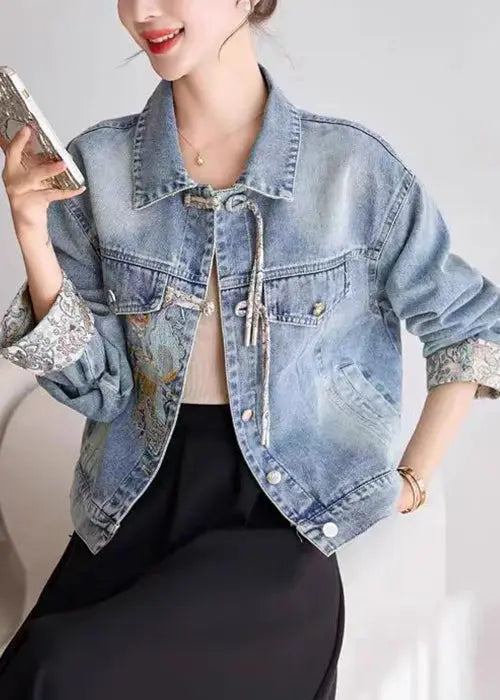 Blue Button Patchwork Denim Coats Peter Pan Collar Spring Cg1012