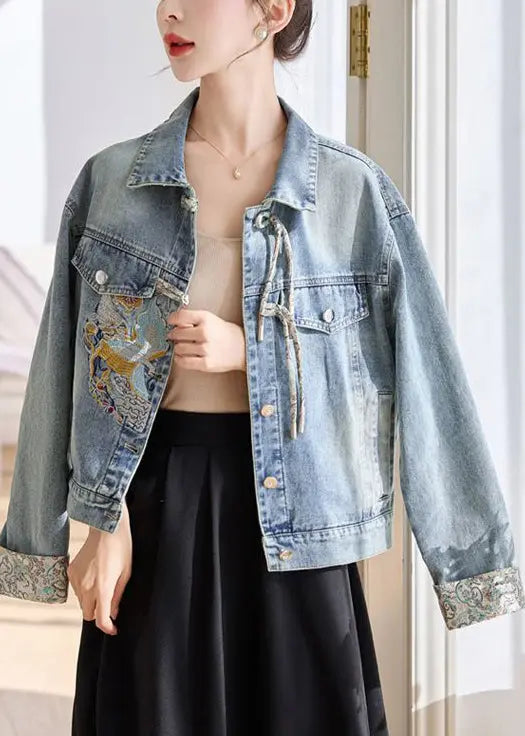 Blue Button Patchwork Denim Coats Peter Pan Collar Spring Cg1012