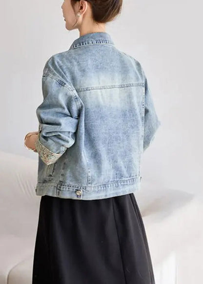 Blue Button Patchwork Denim Coats Peter Pan Collar Spring Cg1012