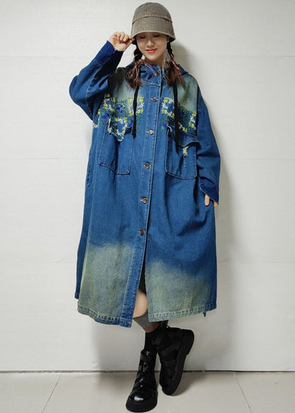Blue Button Pockets Denim Trench Coat Embroidered Long Sleeve Mn060